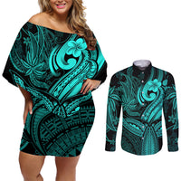 Polynesia Couples Matching Off Shoulder Short Dress and Long Sleeve Button Shirts Whale Tale and Polynesian Sunset Plumeria Turquoise LT9 - Wonder Print Shop