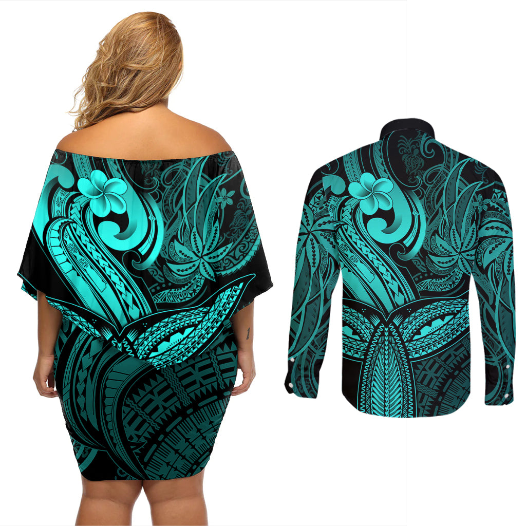 Polynesia Couples Matching Off Shoulder Short Dress and Long Sleeve Button Shirts Whale Tale and Polynesian Sunset Plumeria Turquoise LT9 - Wonder Print Shop