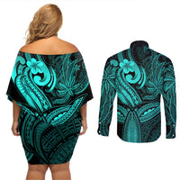 Polynesia Couples Matching Off Shoulder Short Dress and Long Sleeve Button Shirts Whale Tale and Polynesian Sunset Plumeria Turquoise LT9 - Wonder Print Shop