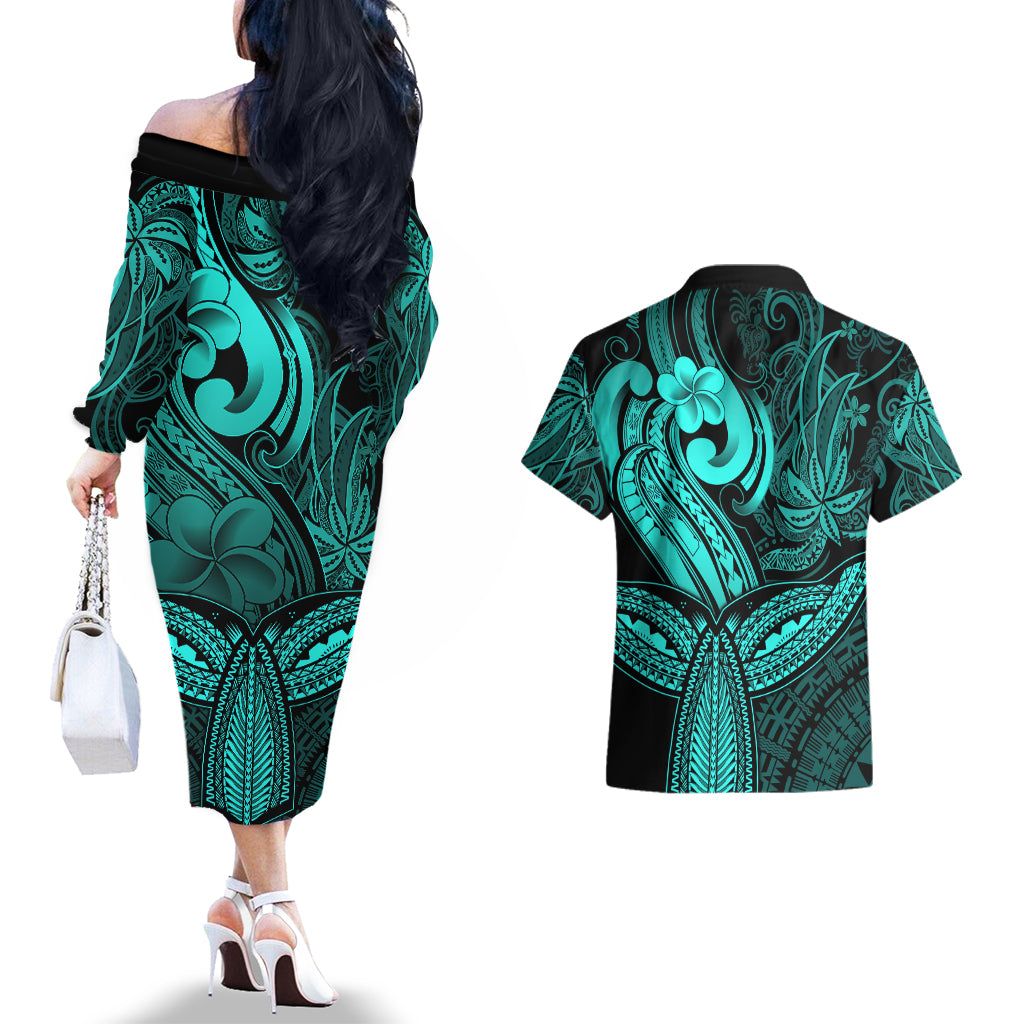Polynesia Couples Matching Off The Shoulder Long Sleeve Dress and Hawaiian Shirt Whale Tale and Polynesian Sunset Plumeria Turquoise LT9 - Wonder Print Shop