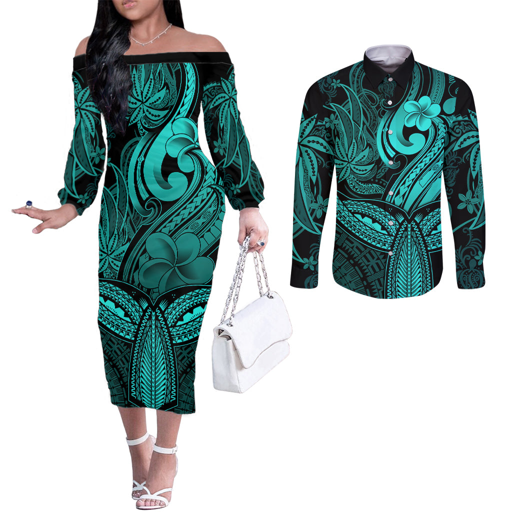polynesia-couples-matching-off-the-shoulder-long-sleeve-dress-and-long-sleeve-button-shirts-whale-tale-and-polynesian-sunset-plumeria-turquoise
