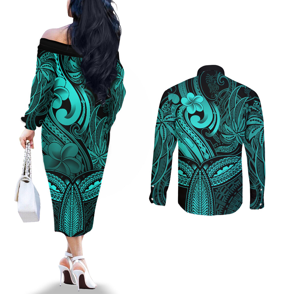 polynesia-couples-matching-off-the-shoulder-long-sleeve-dress-and-long-sleeve-button-shirts-whale-tale-and-polynesian-sunset-plumeria-turquoise