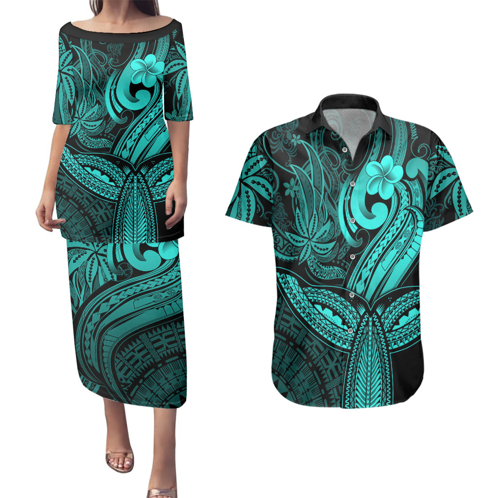 Polynesia Couples Matching Puletasi Dress and Hawaiian Shirt Whale Tale and Polynesian Sunset Plumeria Turquoise LT9 - Wonder Print Shop