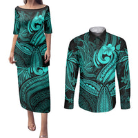 Polynesia Couples Matching Puletasi Dress and Long Sleeve Button Shirts Whale Tale and Polynesian Sunset Plumeria Turquoise LT9 - Wonder Print Shop