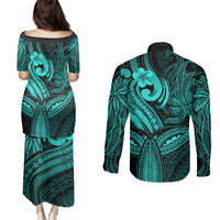 Polynesia Couples Matching Puletasi Dress and Long Sleeve Button Shirts Whale Tale and Polynesian Sunset Plumeria Turquoise LT9 - Wonder Print Shop