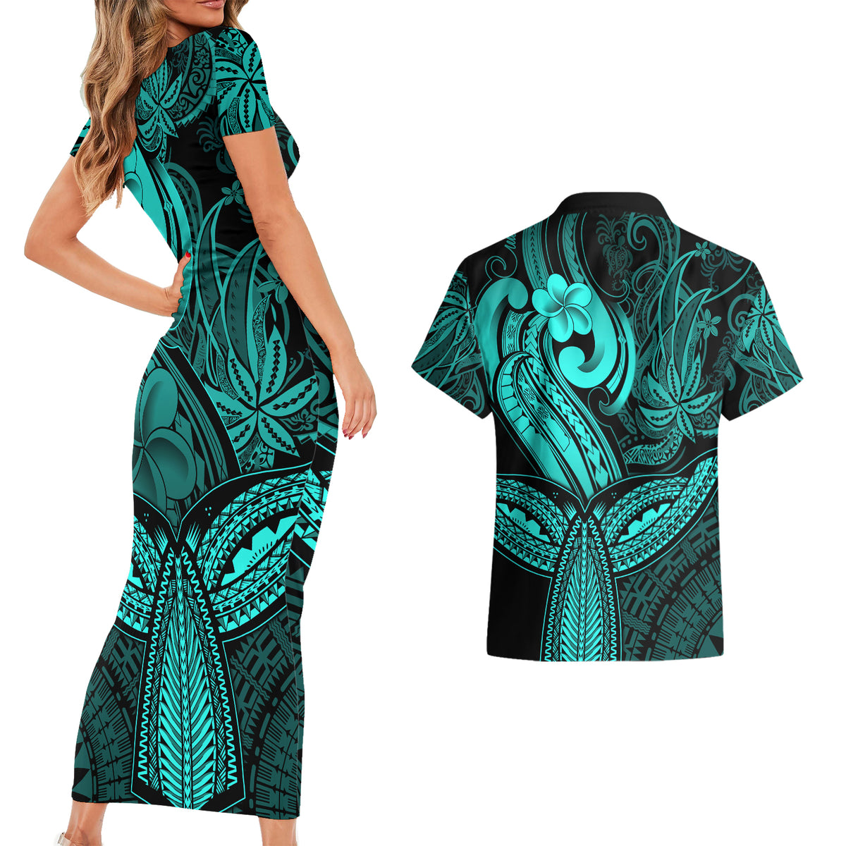 Polynesia Couples Matching Short Sleeve Bodycon Dress and Hawaiian Shirt Whale Tale and Polynesian Sunset Plumeria Turquoise LT9 - Wonder Print Shop