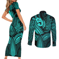 Polynesia Couples Matching Short Sleeve Bodycon Dress and Long Sleeve Button Shirts Whale Tale and Polynesian Sunset Plumeria Turquoise LT9 - Wonder Print Shop