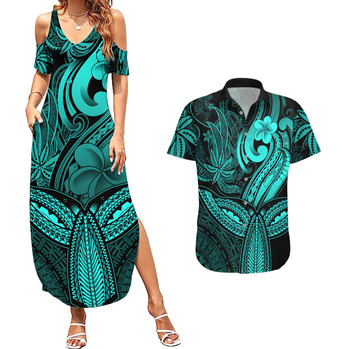 Polynesia Couples Matching Summer Maxi Dress and Hawaiian Shirt Whale Tale and Polynesian Sunset Plumeria Turquoise LT9 - Wonder Print Shop