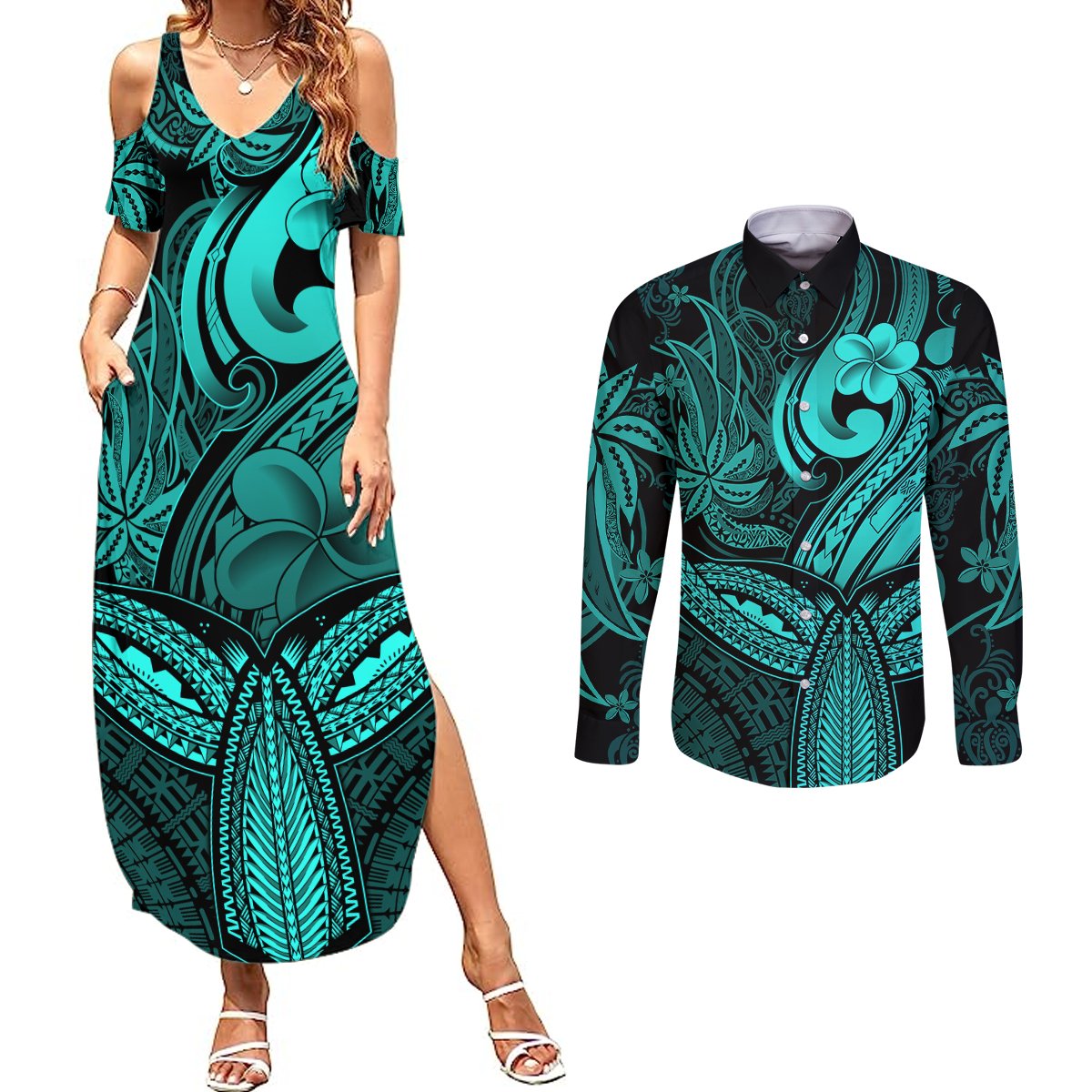 Polynesia Couples Matching Summer Maxi Dress and Long Sleeve Button Shirts Whale Tale and Polynesian Sunset Plumeria Turquoise LT9 - Wonder Print Shop