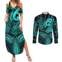 Polynesia Couples Matching Summer Maxi Dress and Long Sleeve Button Shirts Whale Tale and Polynesian Sunset Plumeria Turquoise LT9 - Wonder Print Shop