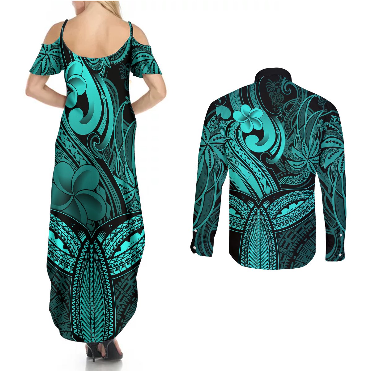 Polynesia Couples Matching Summer Maxi Dress and Long Sleeve Button Shirts Whale Tale and Polynesian Sunset Plumeria Turquoise LT9 - Wonder Print Shop