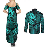 Polynesia Couples Matching Summer Maxi Dress and Long Sleeve Button Shirts Whale Tale and Polynesian Sunset Plumeria Turquoise LT9 - Wonder Print Shop