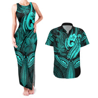 Polynesia Couples Matching Tank Maxi Dress and Hawaiian Shirt Whale Tale and Polynesian Sunset Plumeria Turquoise LT9 - Wonder Print Shop