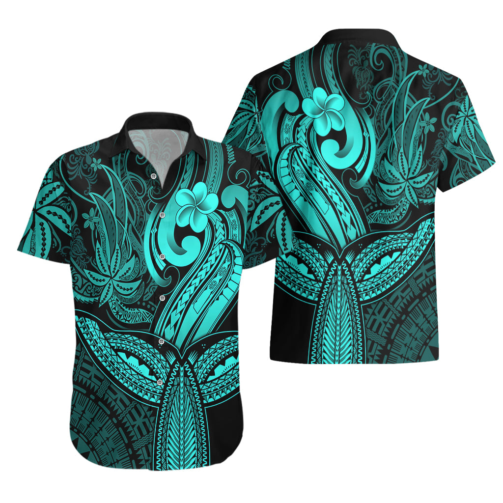 Polynesia Hawaiian Shirt Whale Tale and Polynesian Sunset Plumeria Turquoise - Wonder Print Shop