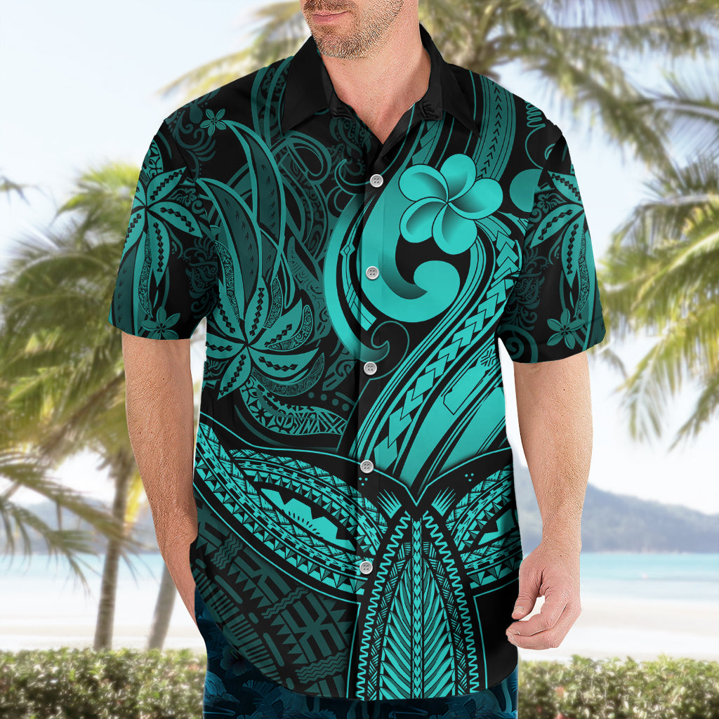 Polynesia Hawaiian Shirt Whale Tale and Polynesian Sunset Plumeria Turquoise - Wonder Print Shop