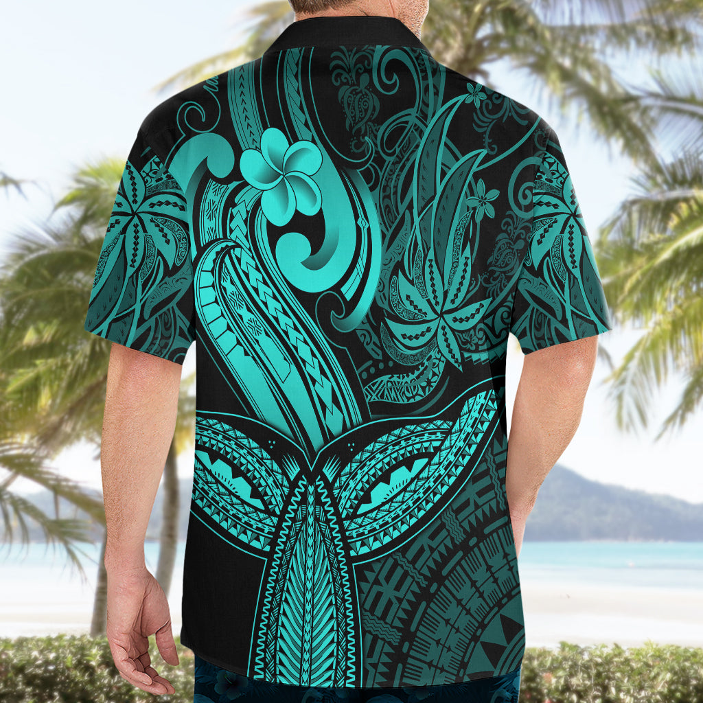 Polynesia Hawaiian Shirt Whale Tale and Polynesian Sunset Plumeria Turquoise - Wonder Print Shop