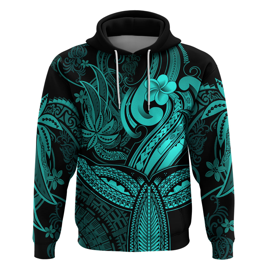 Polynesia Hoodie Whale Tale and Polynesian Sunset Plumeria Turquoise - Wonder Print Shop