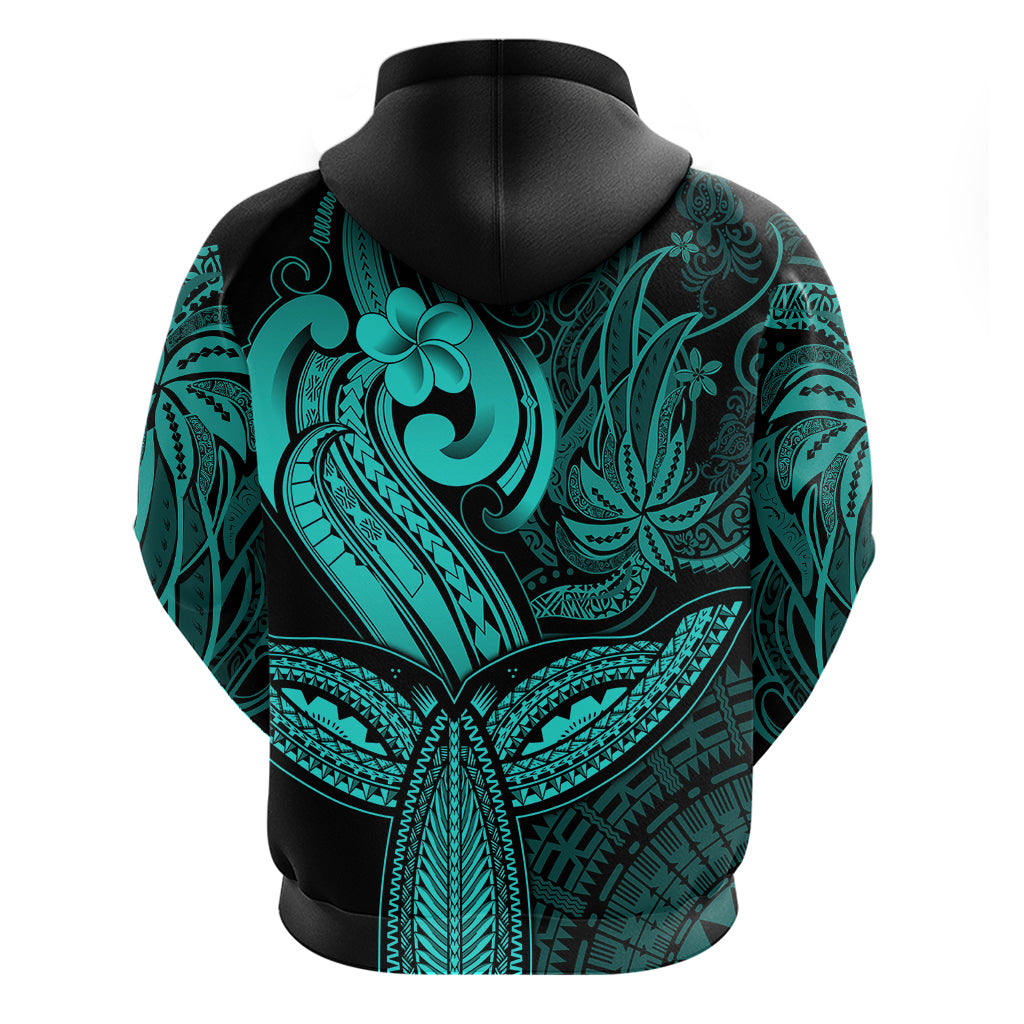 Polynesia Hoodie Whale Tale and Polynesian Sunset Plumeria Turquoise - Wonder Print Shop