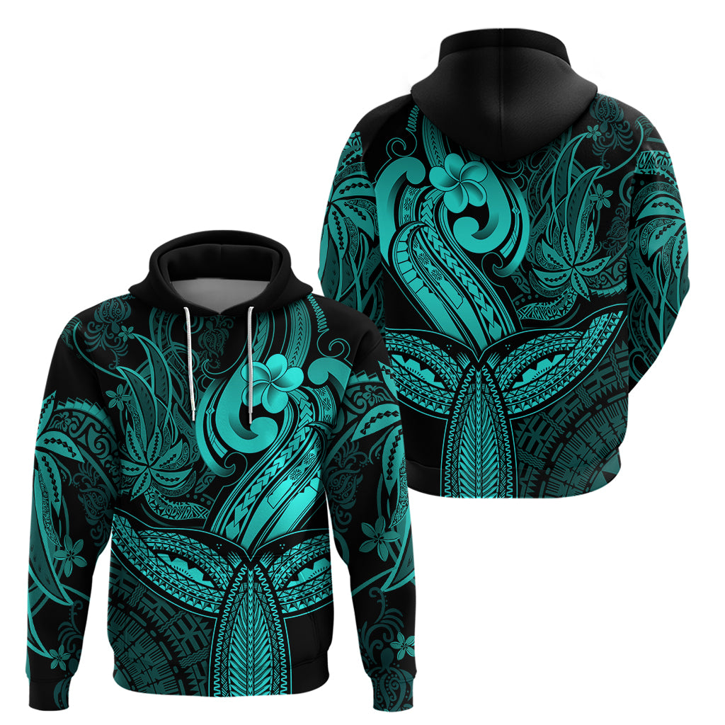 Polynesia Hoodie Whale Tale and Polynesian Sunset Plumeria Turquoise - Wonder Print Shop