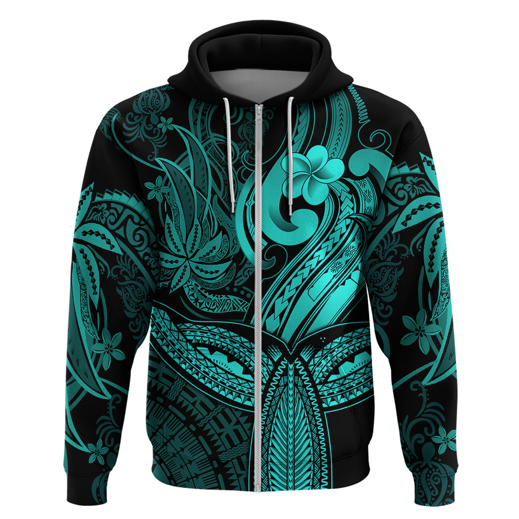 Polynesia Hoodie Whale Tale and Polynesian Sunset Plumeria Turquoise - Wonder Print Shop