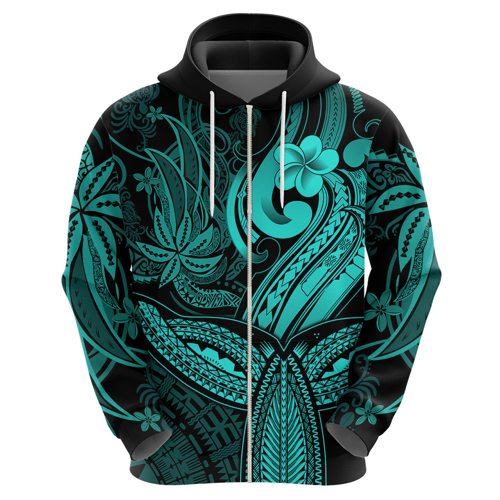 Polynesia Hoodie Whale Tale and Polynesian Sunset Plumeria Turquoise - Wonder Print Shop