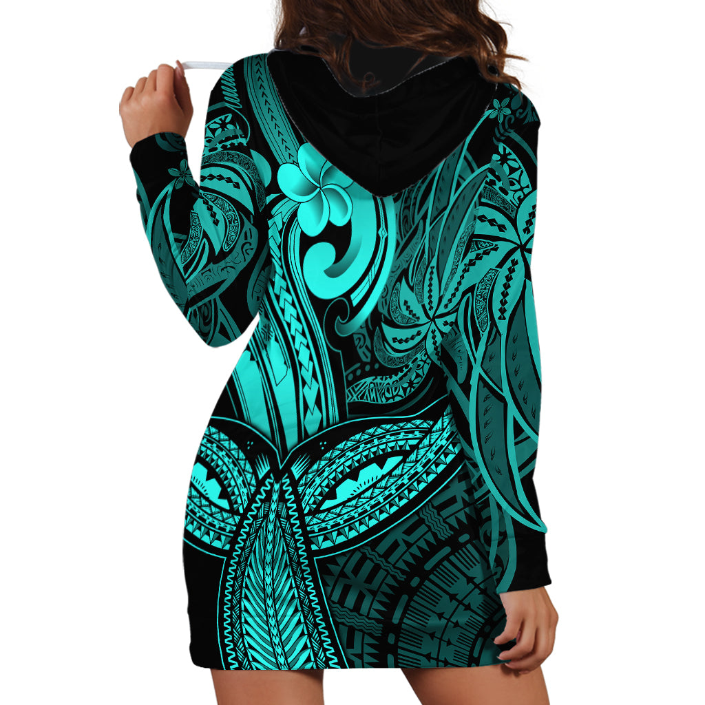 Polynesia Hoodie Dress Whale Tale and Polynesian Sunset Plumeria Turquoise - Wonder Print Shop