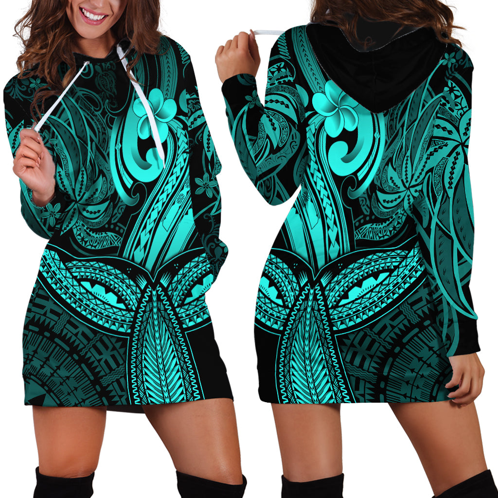 Polynesia Hoodie Dress Whale Tale and Polynesian Sunset Plumeria Turquoise - Wonder Print Shop