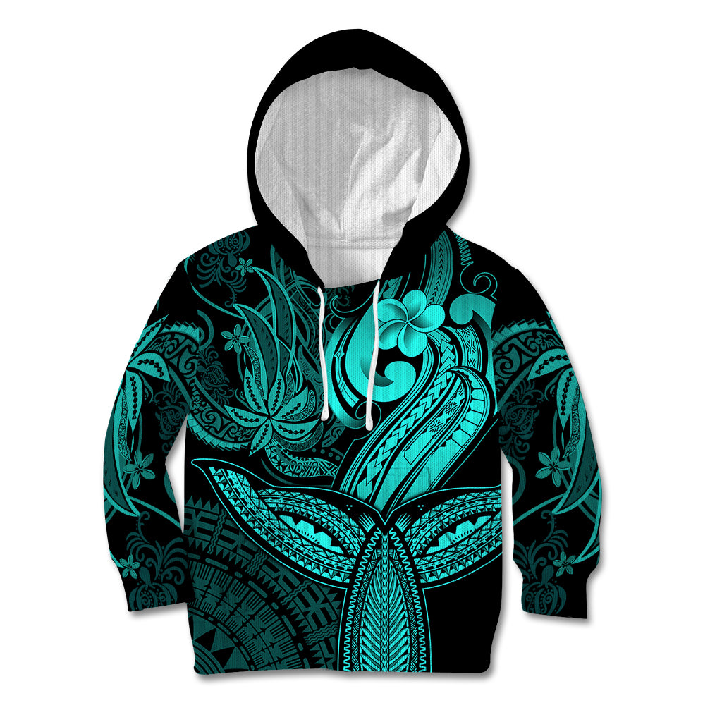 Polynesia Kid Hoodie Whale Tale and Polynesian Sunset Plumeria Turquoise - Wonder Print Shop