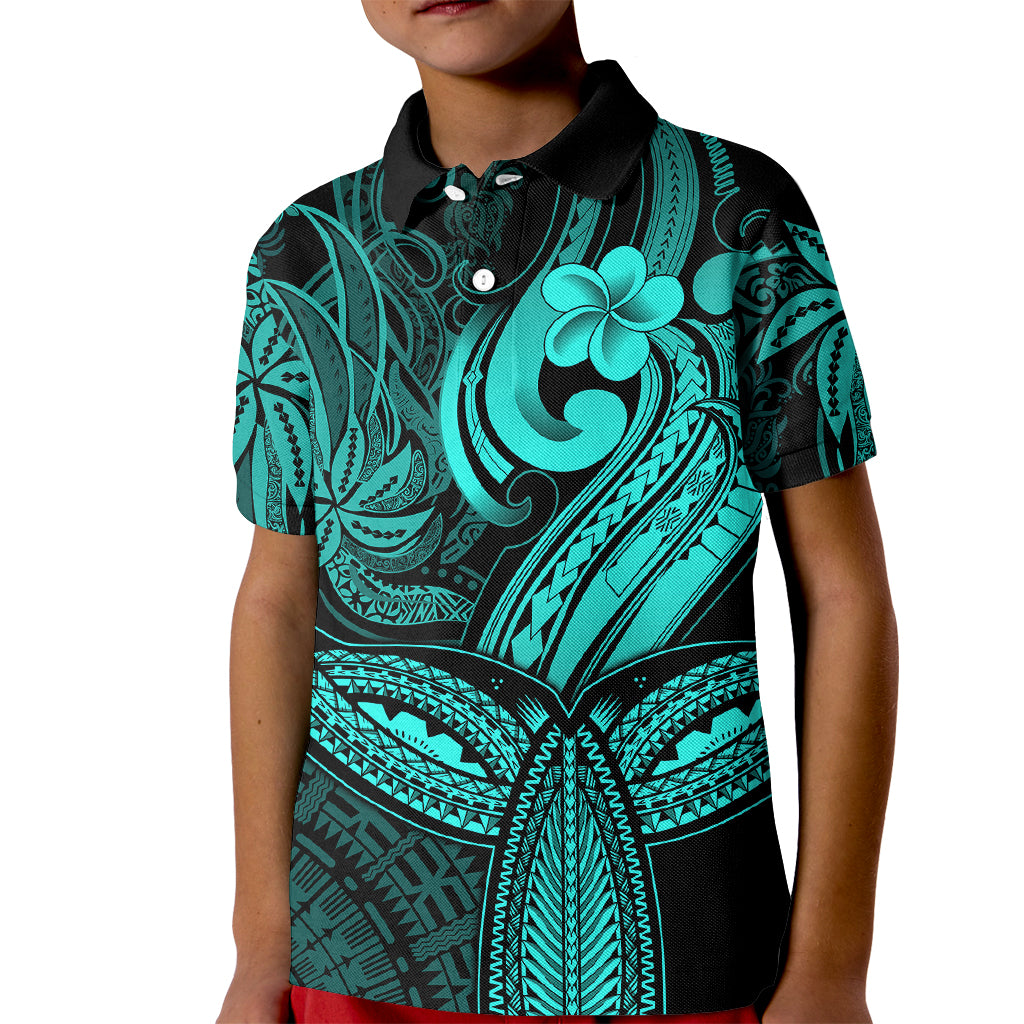 Polynesia Kid Polo Shirt Whale Tale and Polynesian Sunset Plumeria Turquoise - Wonder Print Shop