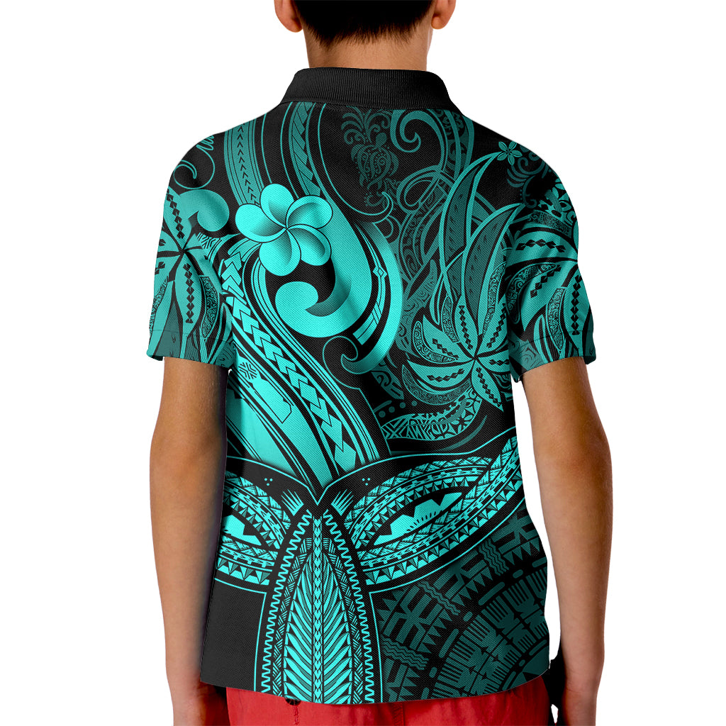 Polynesia Kid Polo Shirt Whale Tale and Polynesian Sunset Plumeria Turquoise - Wonder Print Shop