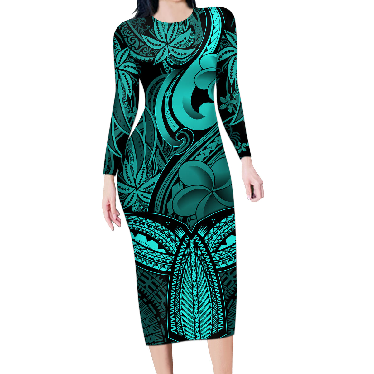 Polynesia Long Sleeve Bodycon Dress Whale Tale and Polynesian Sunset Plumeria Turquoise - Wonder Print Shop