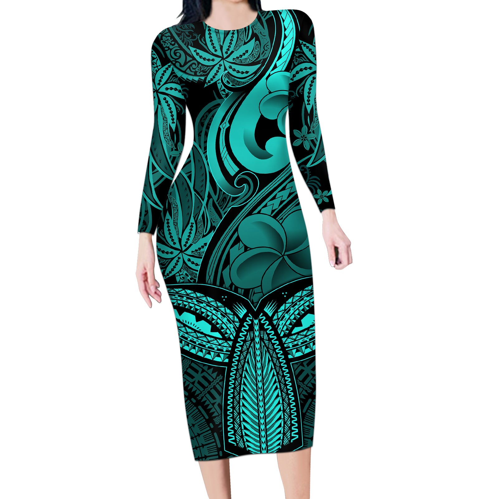 Polynesia Long Sleeve Bodycon Dress Whale Tale and Polynesian Sunset Plumeria Turquoise - Wonder Print Shop
