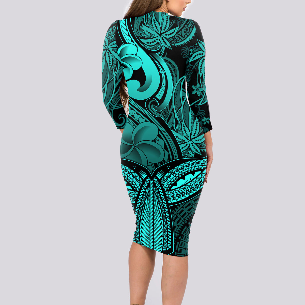 Polynesia Long Sleeve Bodycon Dress Whale Tale and Polynesian Sunset Plumeria Turquoise - Wonder Print Shop