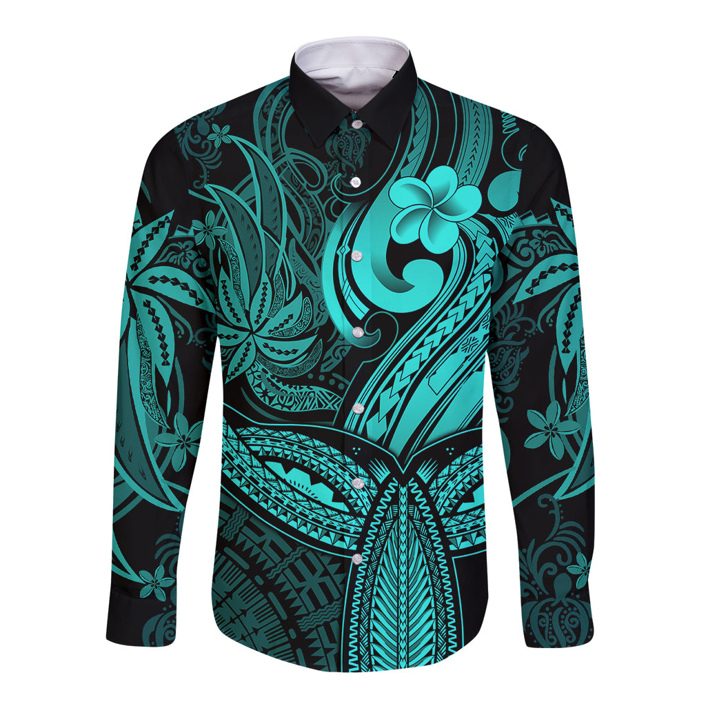 Polynesia Long Sleeve Button Shirt Whale Tale and Polynesian Sunset Plumeria Turquoise - Wonder Print Shop