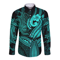 Polynesia Long Sleeve Button Shirt Whale Tale and Polynesian Sunset Plumeria Turquoise - Wonder Print Shop