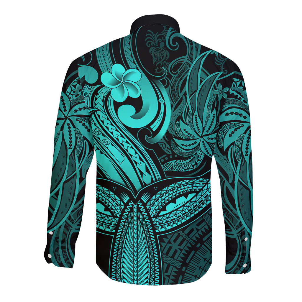 Polynesia Long Sleeve Button Shirt Whale Tale and Polynesian Sunset Plumeria Turquoise - Wonder Print Shop