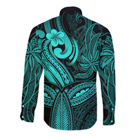 Polynesia Long Sleeve Button Shirt Whale Tale and Polynesian Sunset Plumeria Turquoise - Wonder Print Shop