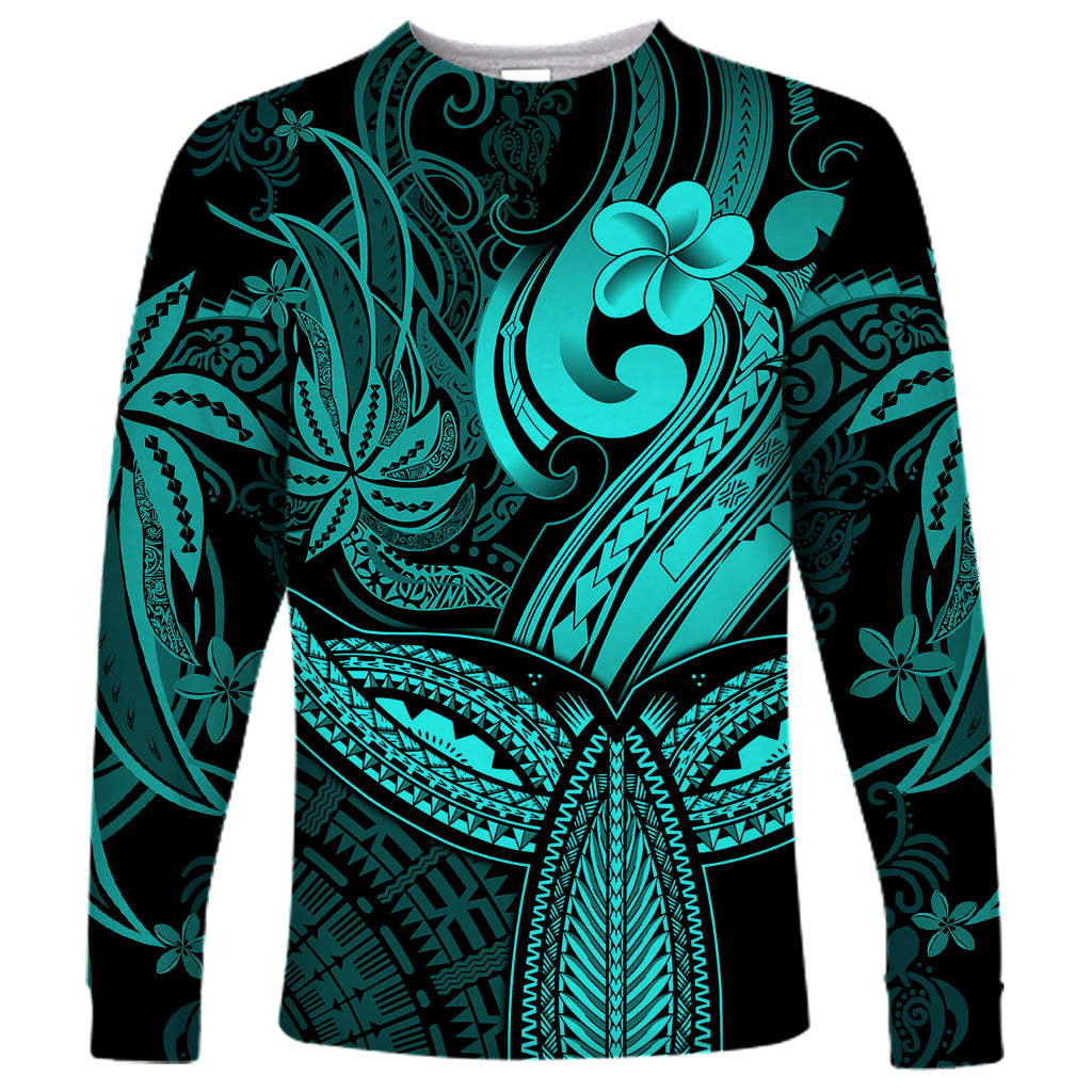 Polynesia Long Sleeve Shirt Whale Tale and Polynesian Sunset Plumeria Turquoise - Wonder Print Shop