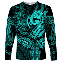 Polynesia Long Sleeve Shirt Whale Tale and Polynesian Sunset Plumeria Turquoise - Wonder Print Shop