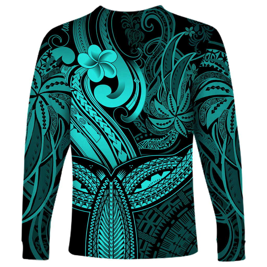 Polynesia Long Sleeve Shirt Whale Tale and Polynesian Sunset Plumeria Turquoise - Wonder Print Shop