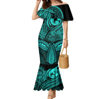 Polynesia Mermaid Dress Whale Tale and Polynesian Sunset Plumeria Turquoise - Wonder Print Shop