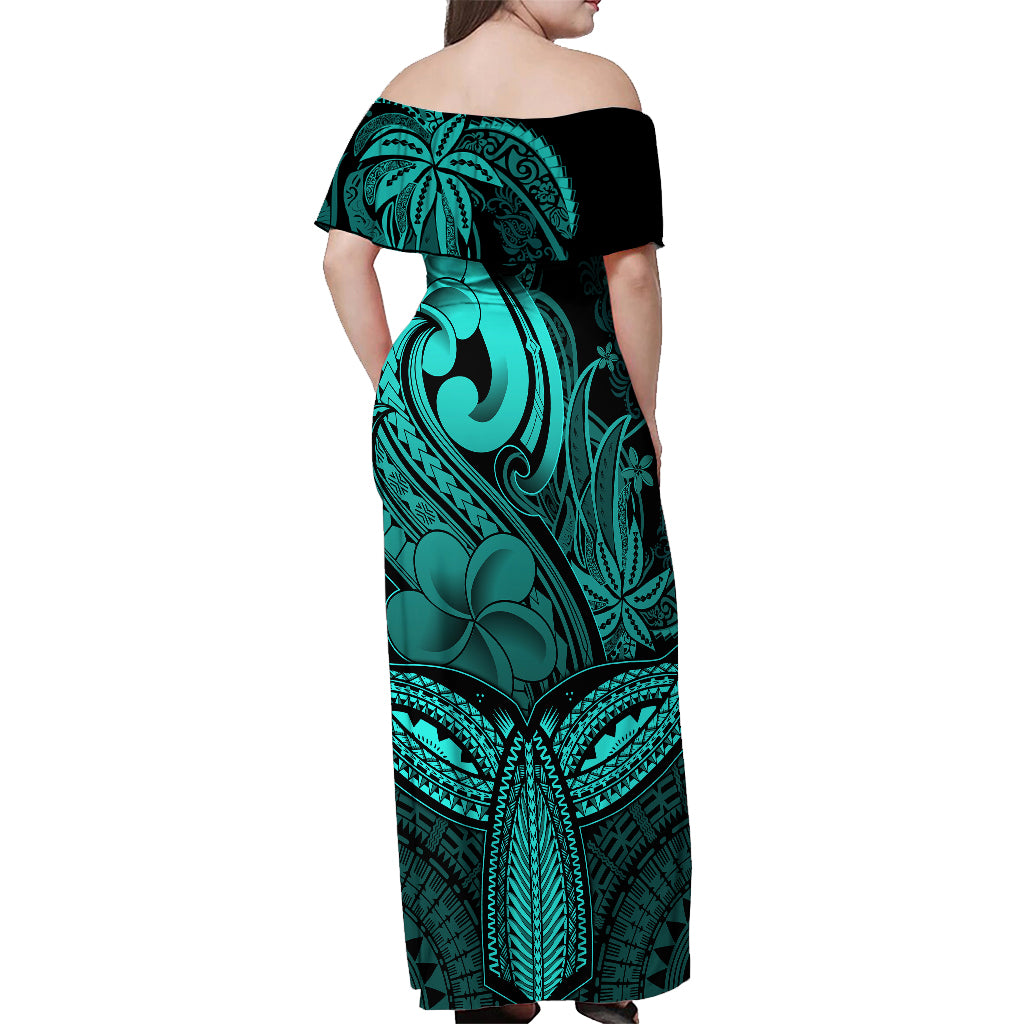 Polynesia Off Shoulder Maxi Dress Whale Tale and Polynesian Sunset Plumeria Turquoise - Wonder Print Shop