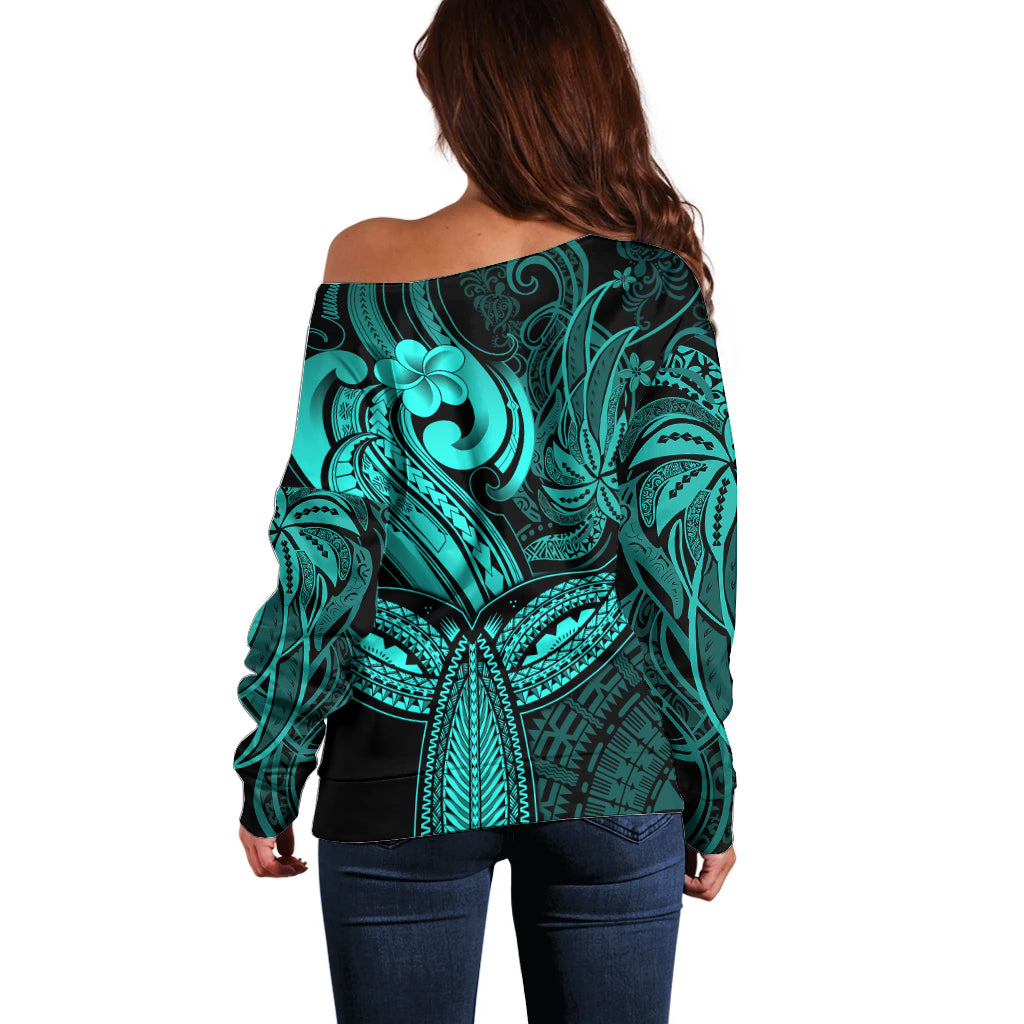 Polynesia Off Shoulder Sweater Whale Tale and Polynesian Sunset Plumeria Turquoise - Wonder Print Shop