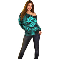 Polynesia Off Shoulder Sweater Whale Tale and Polynesian Sunset Plumeria Turquoise - Wonder Print Shop