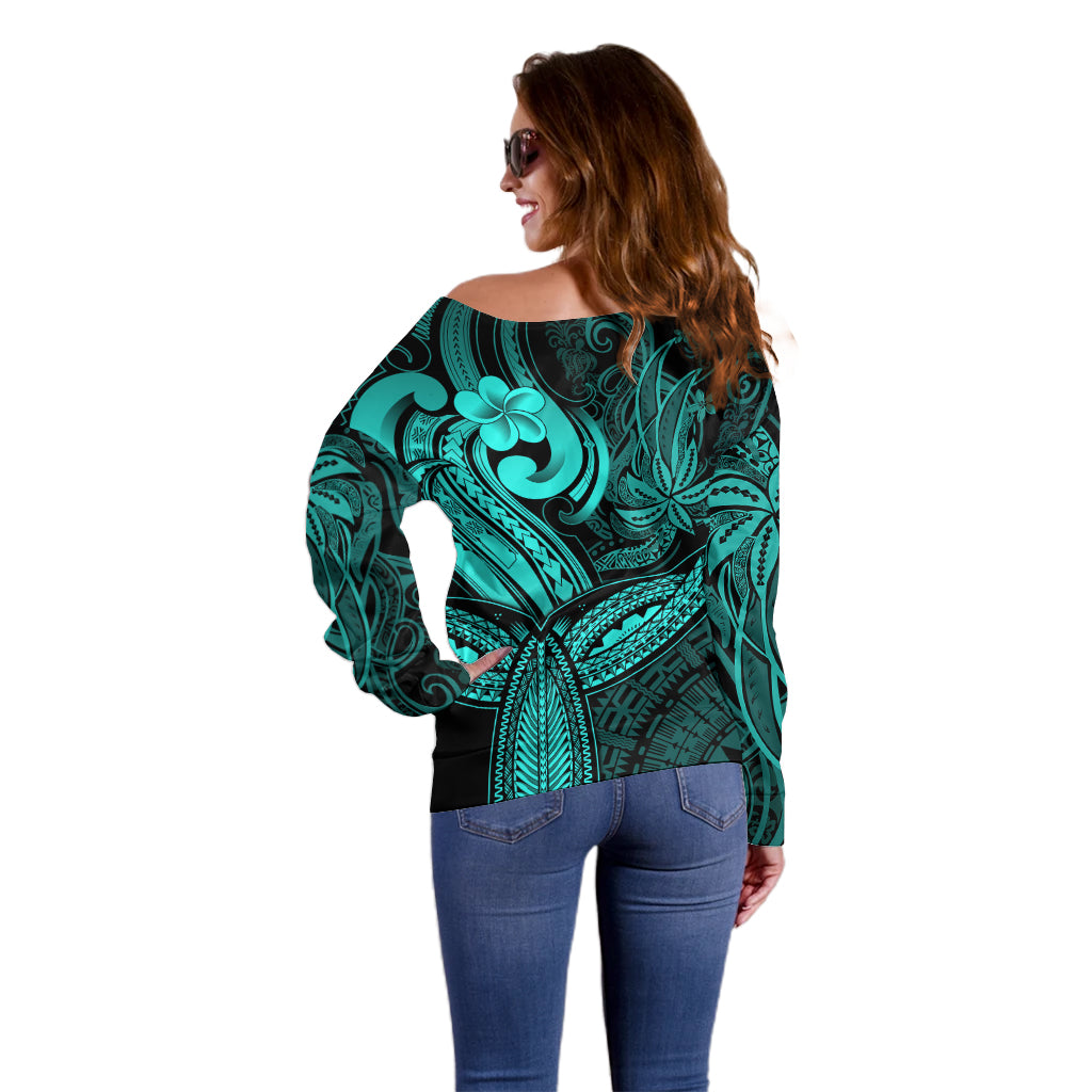 Polynesia Off Shoulder Sweater Whale Tale and Polynesian Sunset Plumeria Turquoise - Wonder Print Shop