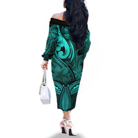 Polynesia Off The Shoulder Long Sleeve Dress Whale Tale and Polynesian Sunset Plumeria Turquoise - Wonder Print Shop