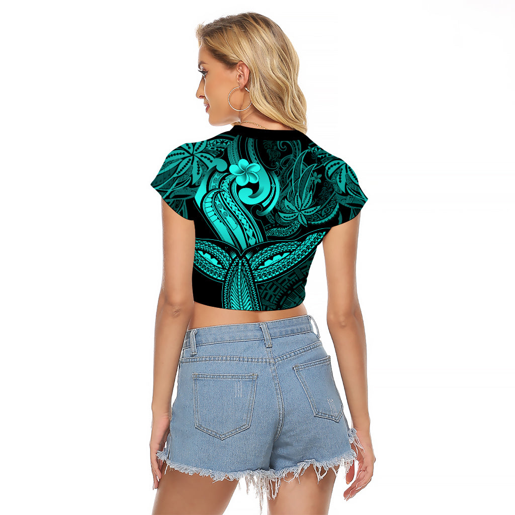 Polynesia Raglan Cropped T Shirt Whale Tale and Polynesian Sunset Plumeria Turquoise - Wonder Print Shop