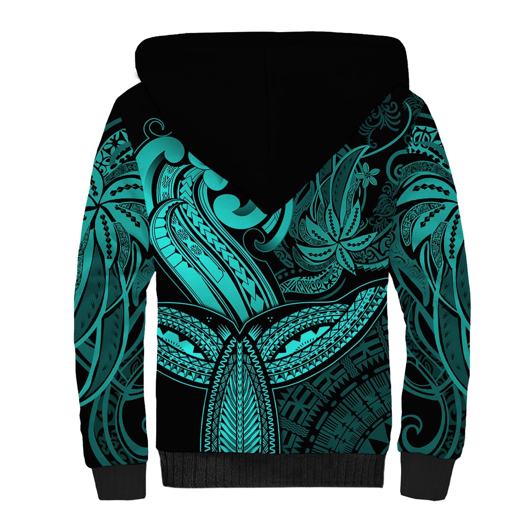 Polynesia Sherpa Hoodie Whale Tale and Polynesian Sunset Plumeria Turquoise - Wonder Print Shop