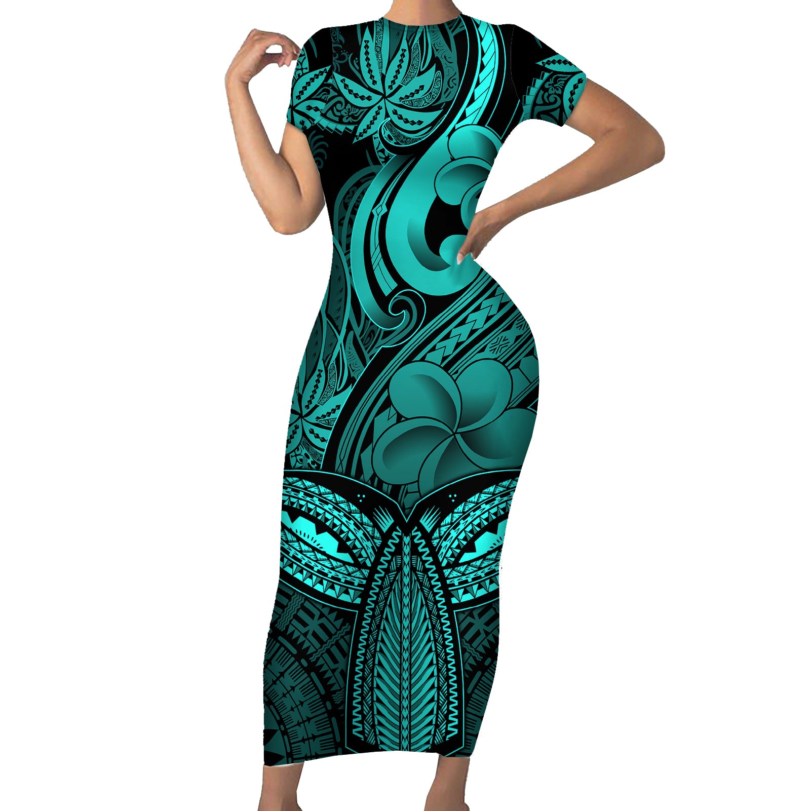 Polynesia Short Sleeve Bodycon Dress Whale Tale and Polynesian Sunset Plumeria Turquoise - Wonder Print Shop