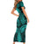 Polynesia Short Sleeve Bodycon Dress Whale Tale and Polynesian Sunset Plumeria Turquoise - Wonder Print Shop